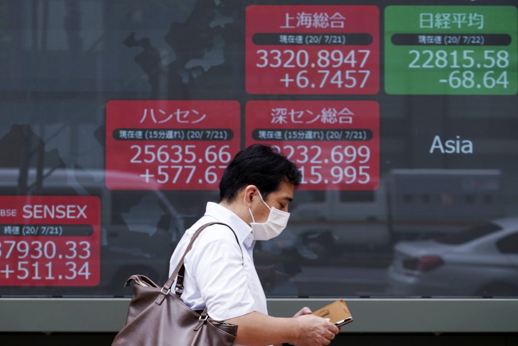 A man wearing a face mask walks past an electronic stock board showing Japan's Nikkei 225 and other Asian indexes at a securities firm in Tokyo, July. 22, 2020. (File photo/AP)