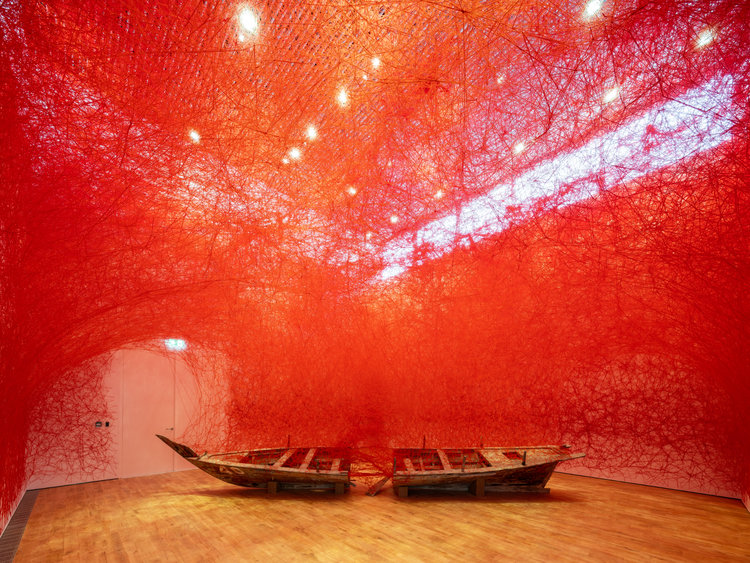 Installation view of Chiharu Shiota’s Departure, 2018 at Jameel Arts Centre (Mohamed Somji via Jameel Arts Centre)