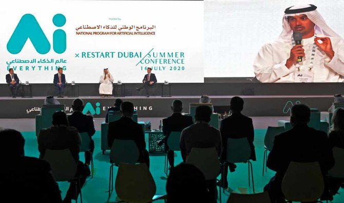(Podium L to R) Emirates' divisional senior vice president Boutros Boutros, Dubai Airports CEO Paul Griffiths, and Director General of Dubai's Department of Tourism and Commerce Marketing (Dubai Tourism) Helal Saeed al-Marri, attend the Restart Dubai Summer Conference in the Gulf emirate of Dubai on July 16, 2020. (AFP)