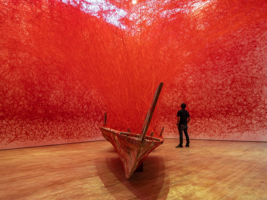 Installation view of Chiharu Shiota’s Departure, 2018 at Jameel Arts Centre (Mohamed Somji via Jameel Arts Centre)