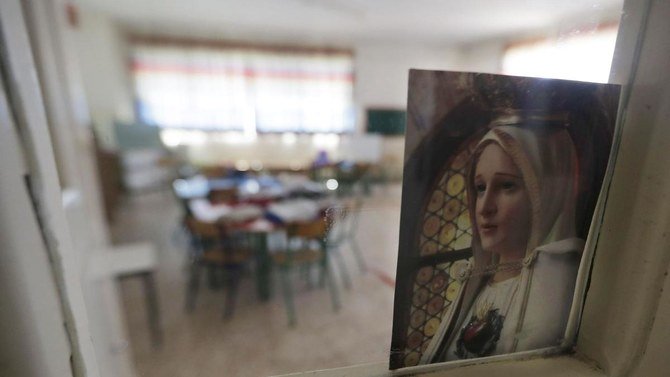 An empty classroom in Our Lady of Lourdes school in the Lebanese city of Zahle, central Bekaa region, June 30, 2020. (AFP)