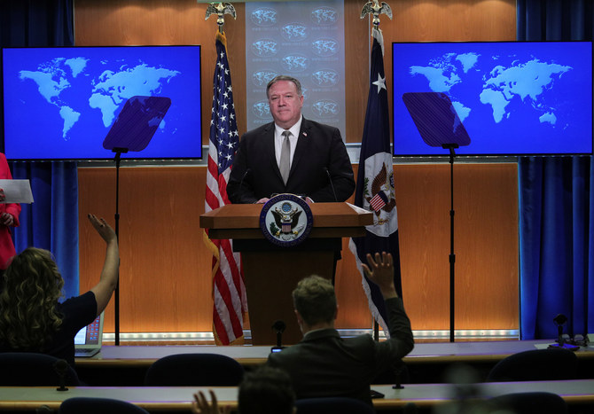 US Secretary of State Mike Pompeo takes questions during a news conference at the State Department in Washington on July 8, 2020. (Reuters)