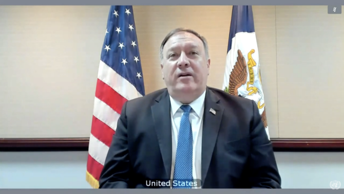 US Secretary of State Mike Pompeo pushed the UN Security Council on Tuesday to indefinitely extend an arms embargo on Iran before it expires in October. (Screenshot: UN TV)