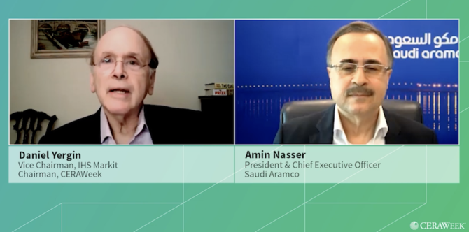 IHS Markit Vice Chairman Daniel Yergin and Saudi Aramco CEO Amin Nasser. (Screengrab)