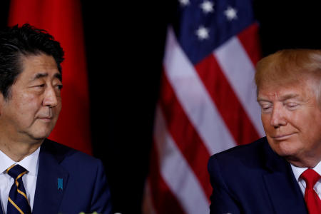 Japan's Prime Minister Shinzo Abe meets with US President Donald Trump on the sidelines of the 74th session of the United Nations General Assembly (UNGA) in New York City, New York, US, September 25. (Reuters)