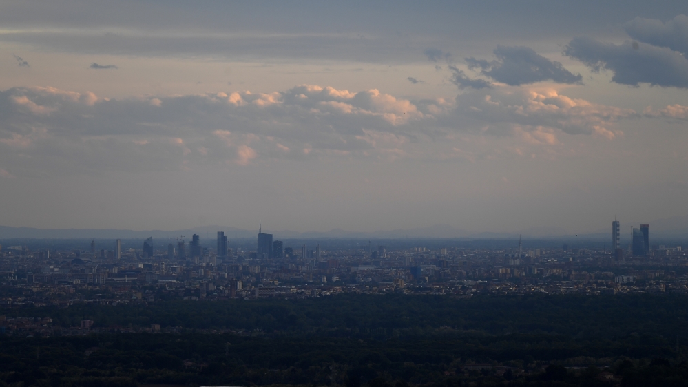 The skyline of Milan at sunset, more visible due to reduced pollution, during the COVID-19 lockdown. (Reuters)