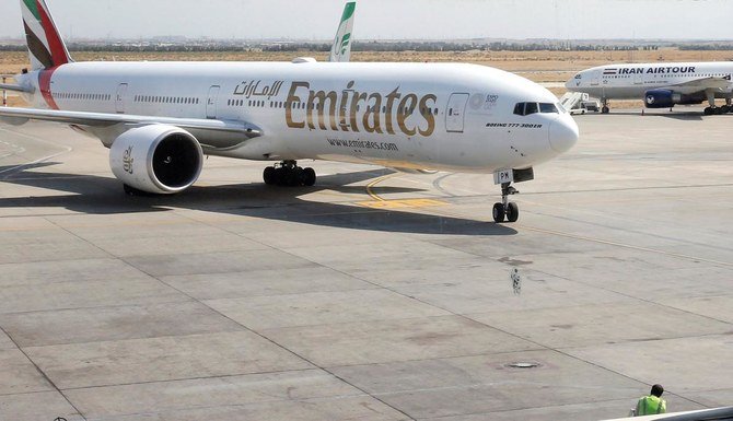 This picture taken on July 17, 2020 shows an Emirates Boeing 777-31H aircraft taxying upon arrival at the Iranian capital Tehran's Imam Khomeini International Airport. (AFP)