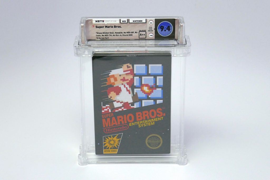A sealed version of NES’ 1985 Super Mario Bros. video game with a cardboard hang-tab. (Wata Games)