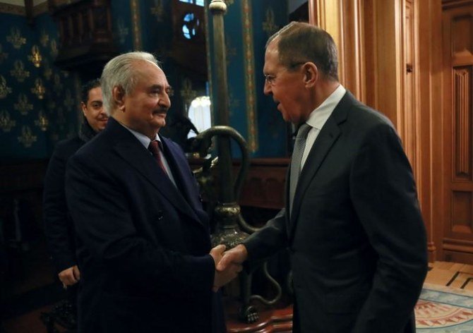 Commander of the Libyan National Army (LNA) Khalifa Haftar and Russian Foreign Minister Sergei Lavrov meet for talks in Moscow, Russia, January 13, 2020. (Reuters)