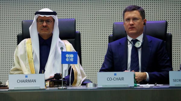 Saudi Minister of Energy Prince Abdulaziz bin Salman and Russian Energy Minister Alexander Novak at an OPEC+ meeting, Vienna, Dec., 6, 2019. (Reuters)