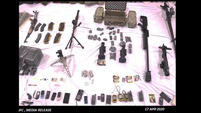 The photos showed large quantities of weapons, such as night and day binoculars, drone-guiding systems, remote detonation electrical parts and dozens of sniper rifles.
