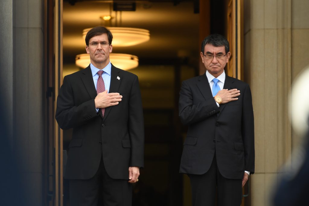 US Secretary of Defense Mark Esper welcomes Japan's Minister of Defense Taro Kono to the Pentagon Jan. 4, 2020. (AFP)