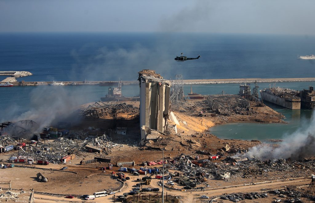 A general view shows the damaged grain silos of Beirut's harbour and its surroundings on August 5, 2020. (AFP)