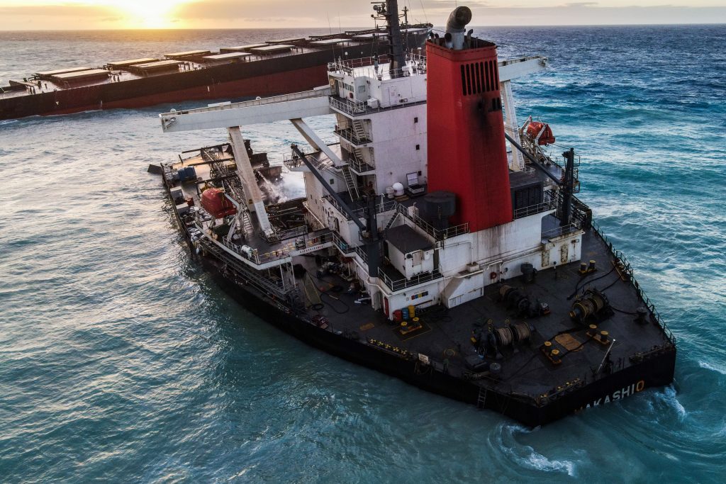 The MV Wakashio, owned by Nagashiki Shipping and chartered by Mitsui OSK Lines Ltd, struck a coral reef on Mauritius's southeast coast on July 25 (AFP)