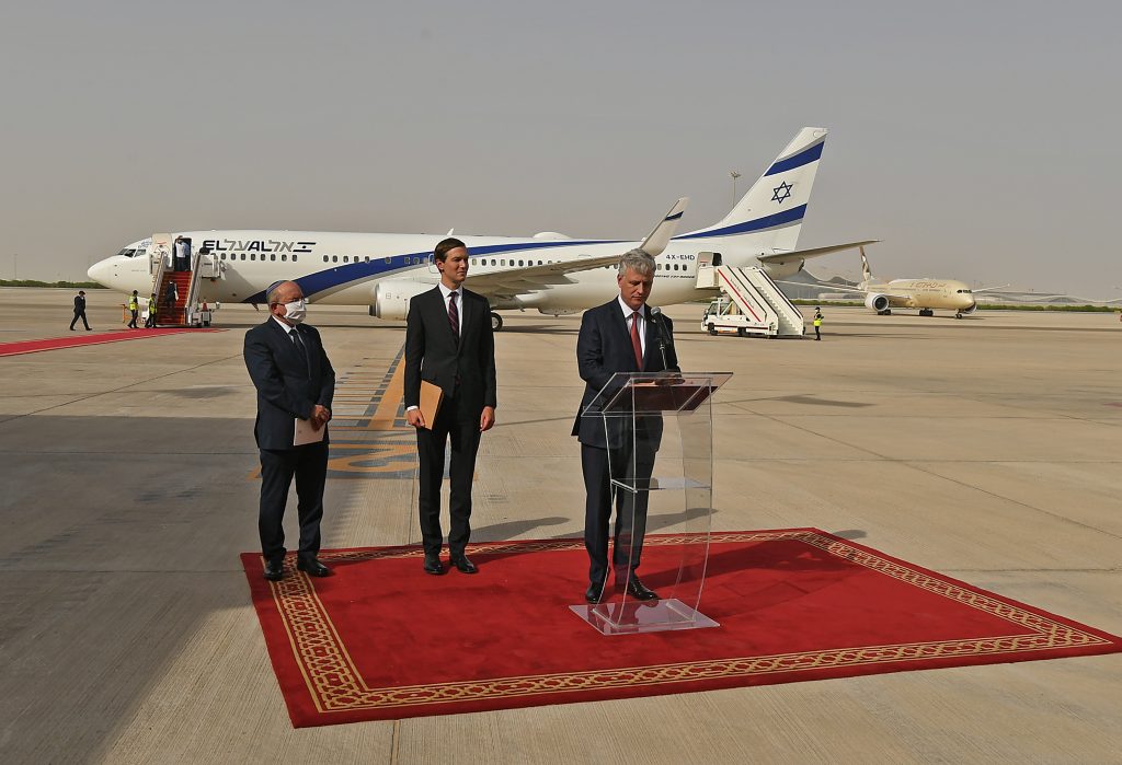 US National Security Adviser Robert O’Brien delivers a speech, as part of an Israeli-American delegation, in the first-ever commercial flight from Israel to the UAE, on August 31, 2020. (AFP)