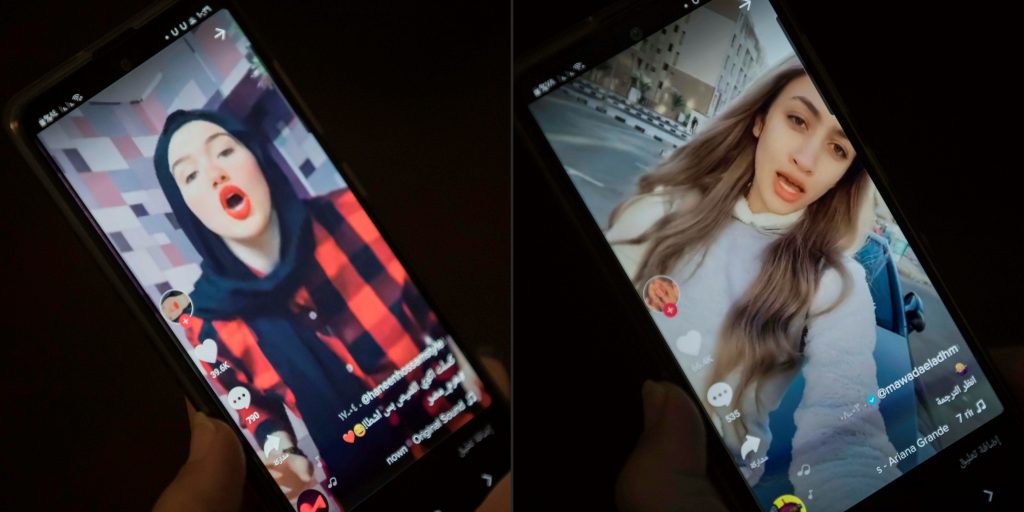  On July 27, a court sentenced five female social media influencers, Haneen Hossam (L), Mowada al-Adham (R) and three others, to two years in jail each on charges of violating public morals over content posted to video-sharing app TikTok. (AFP)
