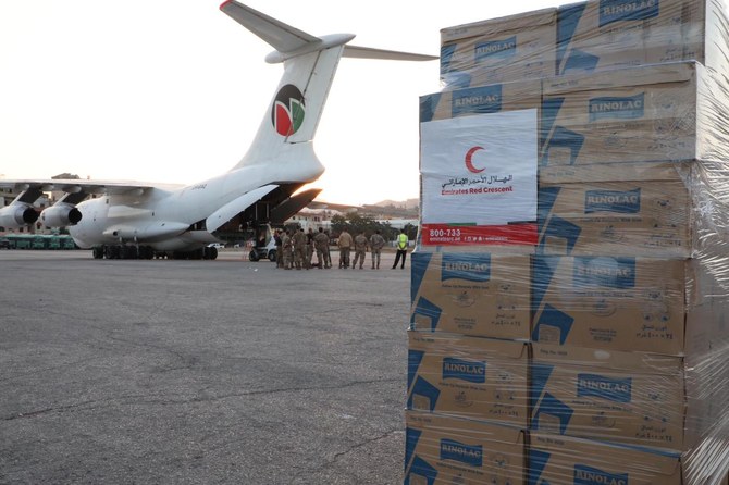 Above, the UAE transport plane carrying 40 metric tons of critical medicine and food items, as well as nutritional supplements for children (WAM)