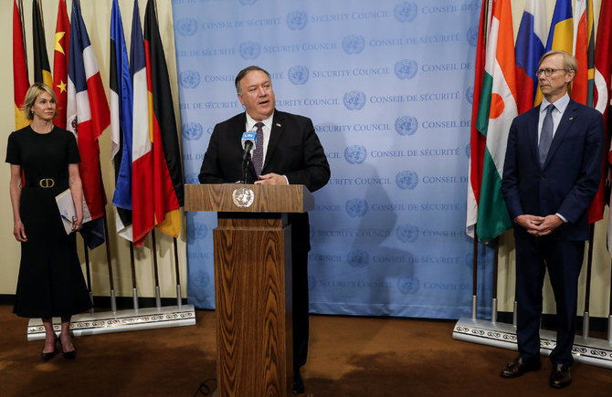 US Secretary of State Mike Pompeo speaks to reporters following a meeting with members of the UN Security Council on Aug. 20, 2020. (Mike Segar/Pool via AP)