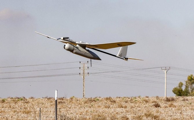 An Elbit Systems Skylark I unmanned aerial vehicle (UAV or drone) of the Israeli army takes off near the border with the Gaza Strip in southern Israel on August 21, 2020, as part of monitoring operations in the area. (File/AFP)