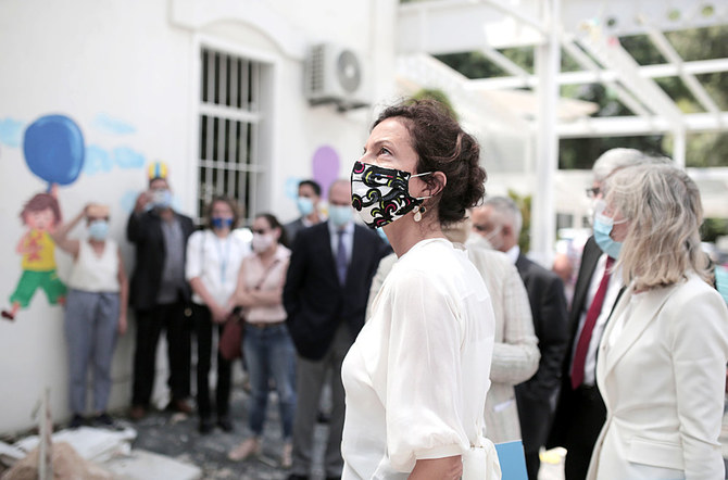 UNESCO Director General Audrey Azoulay on Thursday visits Beirut’s Orthodox Three Doctors School that was badly damaged by the Aug. 4 port explosion. (AFP)