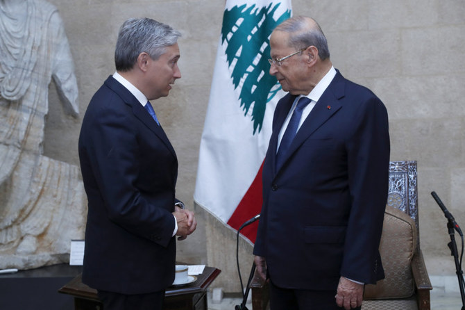 Lebanese President Michel Aoun, right, meets with Canadian Foreign Minister Francois-Philippe Champagne at the presidential palace in Baabda, Beirut, on Aug. 27, 2020. (Dalati Nohra via AP)