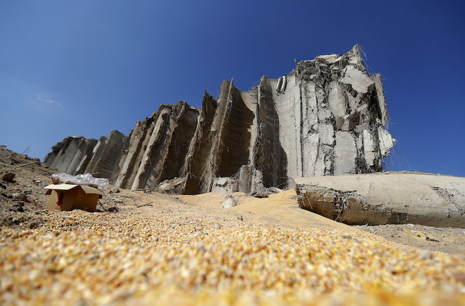 A picture shows corn on the ground next to the silo in the devastated Beirut port on August 7, 2020, three days after a massive blast there shook the Lebanese capital. (AFP)