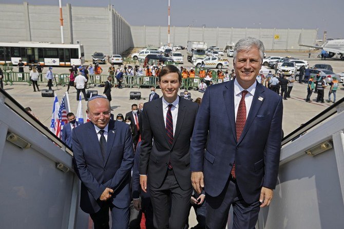 US Presidential Adviser Jared Kushner, center, US National Security Adviser Robert O’Brien, right, and Head of Israel’s National Security Council Meir Ben-Shabbat board El Al’s flight LY971 to Abu Dhabi. (AFP)