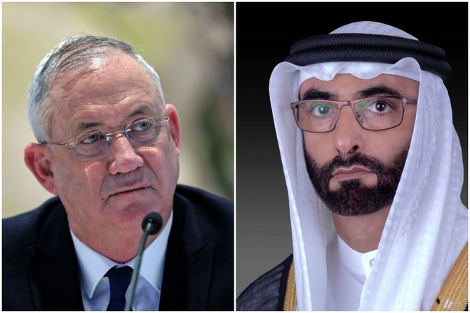 Benny Gantz and Mohammed bin Ahmad Al-Bawardi said they would strengthen communication channels. (AFP/WAM)