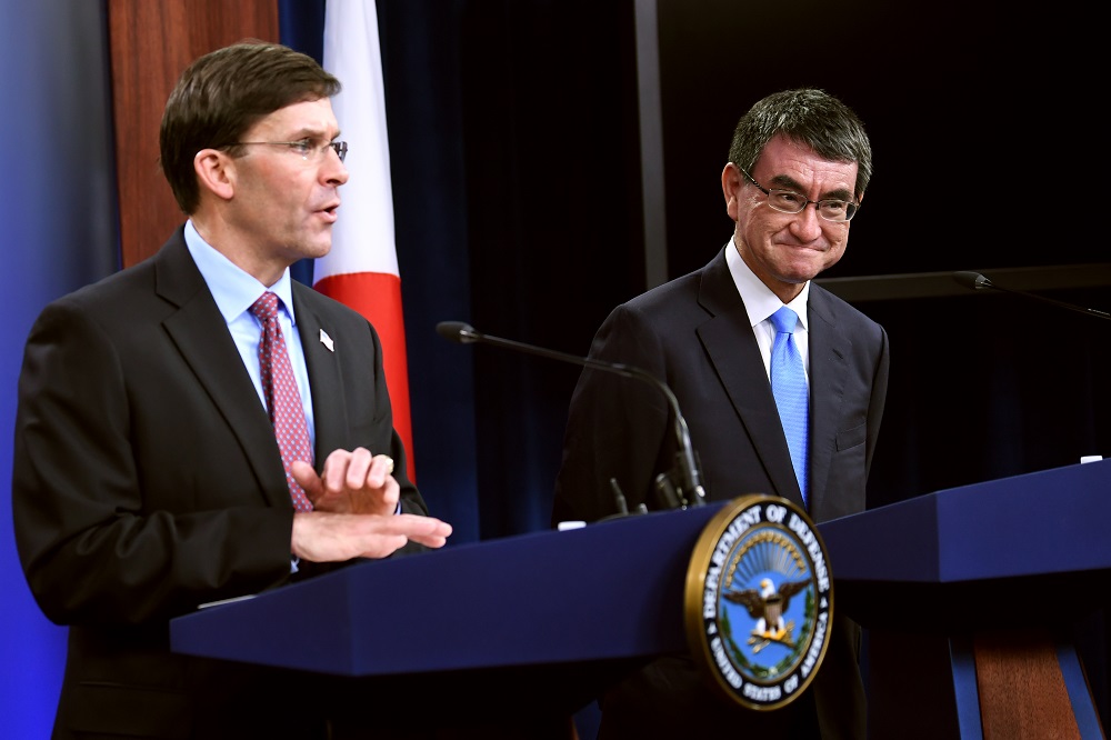 US Defense Secretary Mark Esper and Japan's Defense Minister Taro Kono hold a press conference at the Pentagon on January 14, 2020 in Washington, DC. (AFP)