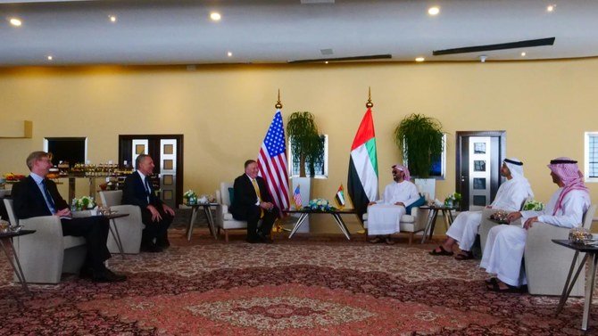 Mike Pompeo meets with his Emirati counterpart Sheikh Abdullah bin Zayed Al-Nahyan during a brief visit to the UAE on Wednesday. (@SecPompeo)