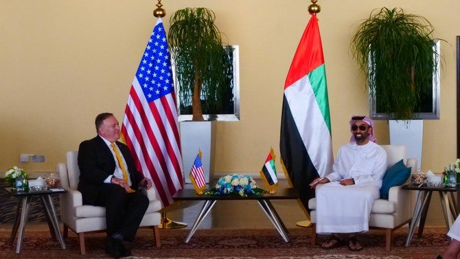 Mike Pompeo with UAE National Security Adviser Sheikh Tahnoun bin Zayed Al-Nahyan during a brief visit to the UAE on Wednesday. (@SecPompeo)
