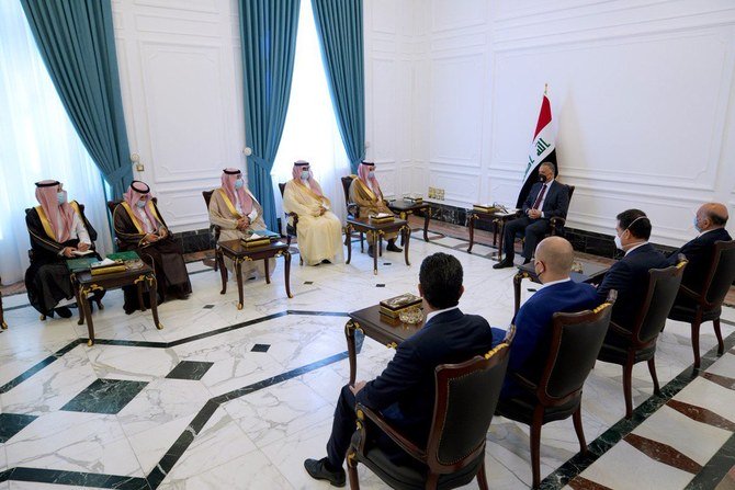 Iraqi PM Mustafa Al-Kadhimi receives Saudi Foreign Minister Prince Faisal bin Farhan on Aug.27. (@IraqiPMO)