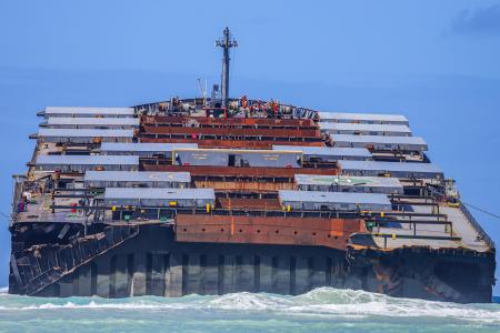 A view of the front section of the vessel MV Wakashio, belonging to a Japanese company but Panamanian-flagged that ran aground near Blue Bay Marine Park, is seen after breaking into two parts off the coast of south-east Mauritius on August 17, 2020. (AFP)