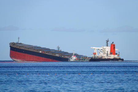 A general view shows the bulk carrier ship MV Wakashio, belonging to a Japanese company, that ran aground on a reef, at Riviere des Creoles, Mauritius, August 11, 2020. (Reuters)