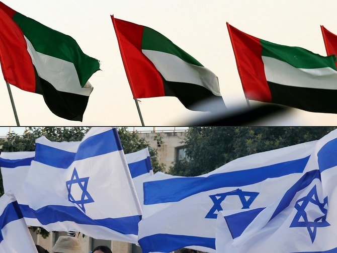 File photo from 2017 showing Emirati national flags in the capital Abu Dhabi (top) and a file photo from 2020 showing Israeli national flags in Jerusalem. A deal between the UAE and Israel that will lead to normalized ties was announced on Thursday. (AFP)