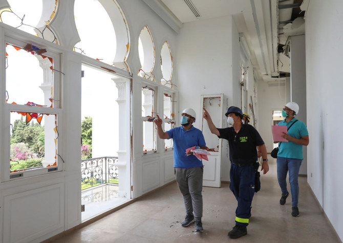 A team from the German Federal Agency for Technical Relief, assist Lebanese engineers in assessing building structure safety of Sursock Museum, following Tuesday's blast, in Beirut, Lebanon August 10, 2020. (Reuters)