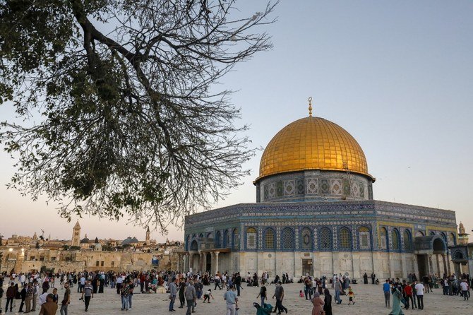 Palestinian Muslim worshippers gather at the al-Aqsa Mosque compound in Jerusalem's old city on the first day of Eid al-Adha on July 31, 2020. (File/AFP)