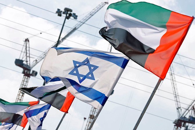 Israeli and UAE flags line a road in the Israeli coastal city of Netanya, on August 16, 2020. (AFP)