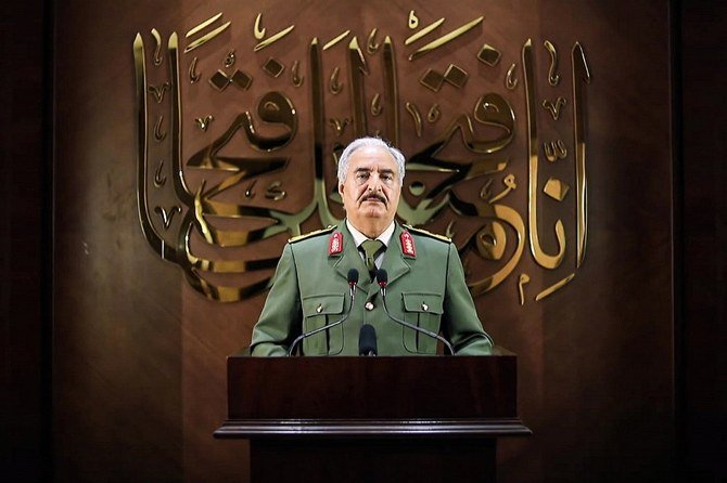 Gen. Khalifa Haftar accused the Turkish president of “coming to Libya in search of his ancestors’ legacy.” (AFP/File)