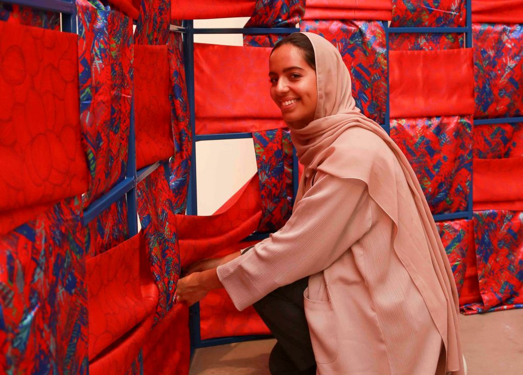 Al Suwaidi’s installation intended to show the three important factors of the palm tree: Shelter, food, and beauty. It was created using a metal grid woven with printed textiles exhibited from November 2019 to February 2020. (Supplied)