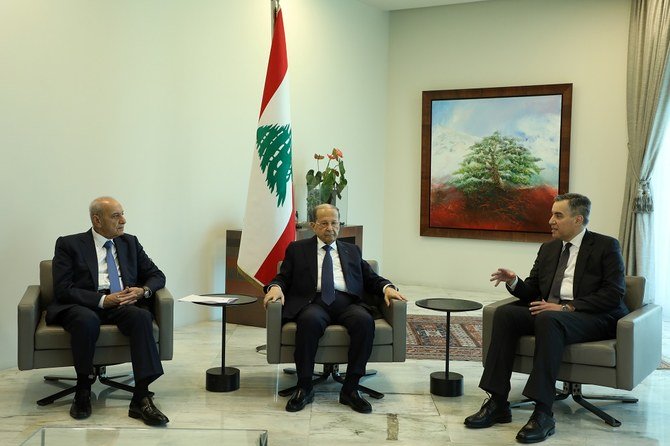Prime Minister-designate Mustapha Adib, meets with Lebanon’s President Michel Aoun and Lebanese Speaker of the Parliament Nabih Berri at the presidential palace in Baabda on August 31, 2020. (Reuters)