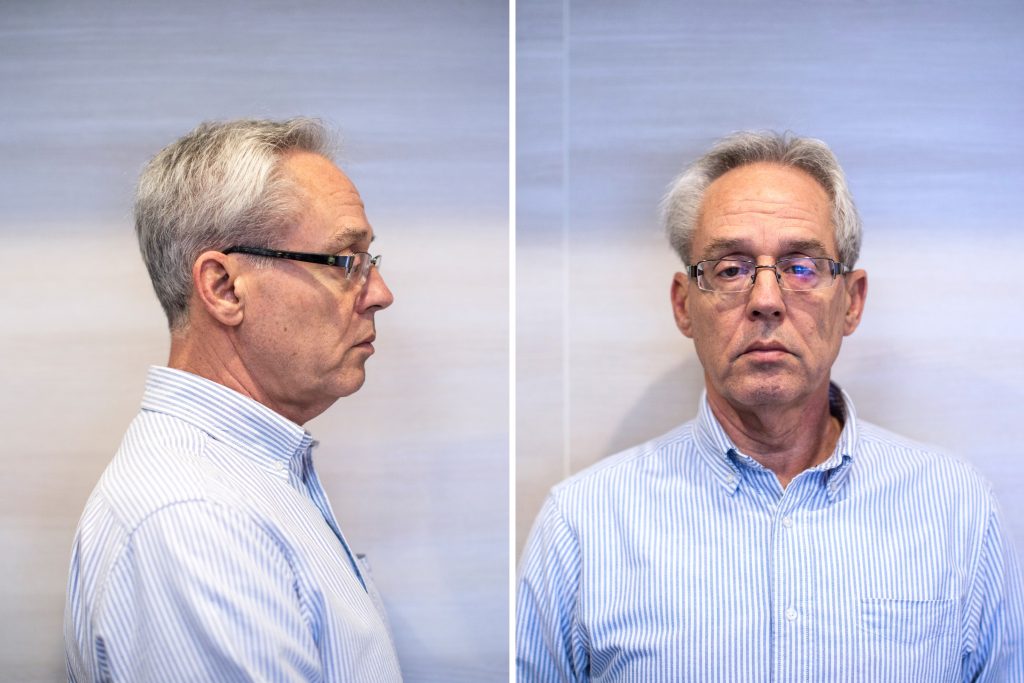A combination of pictures taken on Feb. 6, 2020 shows mug shots of former Nissan executive Greg Kelly, who is charged with financial misconduct, at his apartment in Tokyo. (AFP)