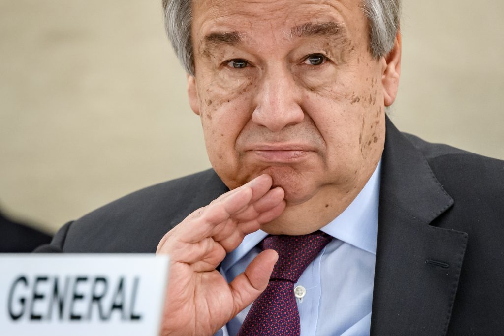 UN Secretary-General Antonio Guterres looks on at the opening of the UN Human Rights Council's main annual session on February 24, 2020 in Geneva. (AFP)