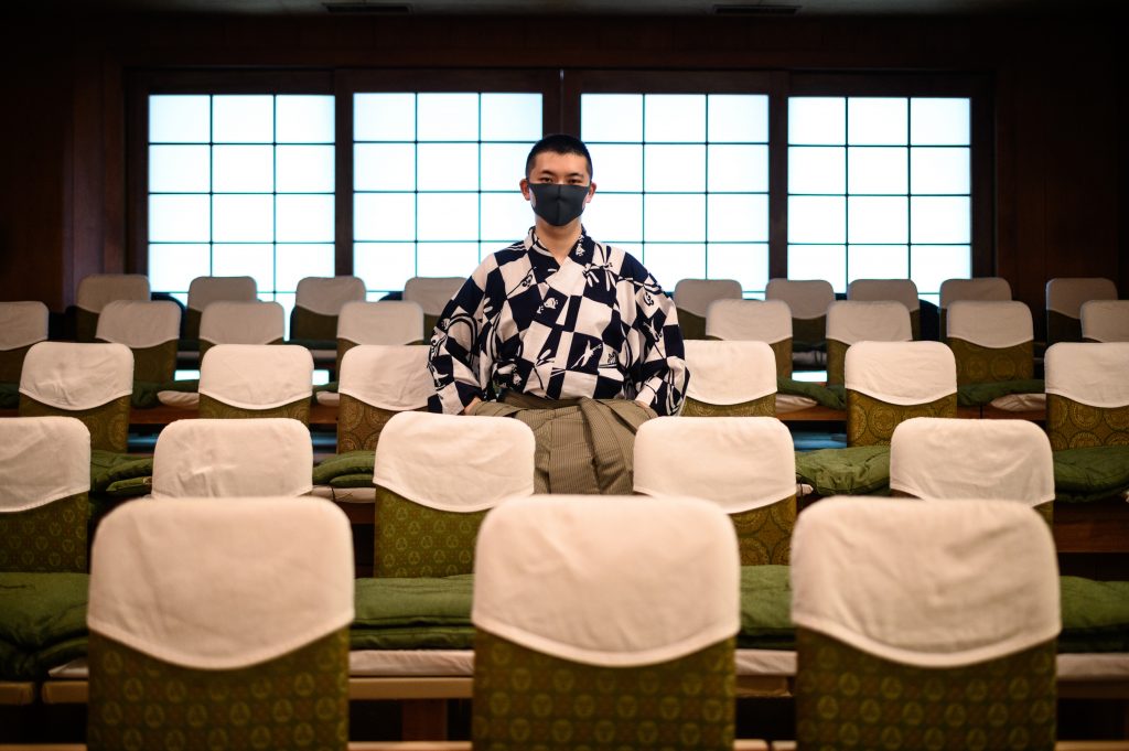 This photo taken on July 29, 2020 shows performer Kennosuke Nakamori posing for a photo after an interview with AFP at the Kamakura Noh Theatre in the town of Kamakura in Kanagawa Prefecture, about one hour southwest of Tokyo. (AFP)