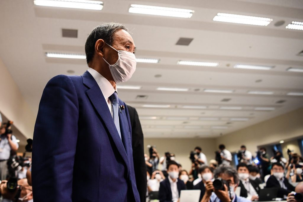 Japan's chief cabinet secretary Yoshihide Suga attends a press conference to announce his candidacy for the Liberal Democratic Party (LDP) leadership in Tokyo on September 2, 2020. (AFP)