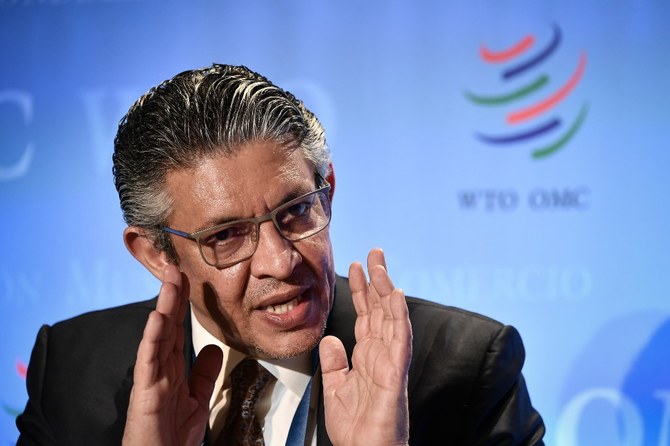 Former Saudi economy minister Mohammed al-Tuwaijri attends a press conference on July 17, 2020 in Geneva, following his hearing before 164 member states' representatives, as part of the application process to head the World Trade Organization (WTO) as Director General. (AFP)