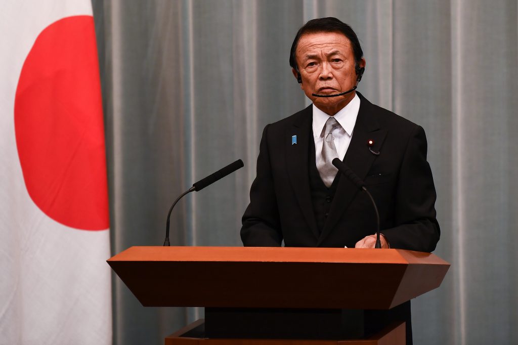 Japan's finance minister and deputy prime minister Taro Aso delivers a speech during a press conference at the Prime Minister's office in Tokyo on Sep. 16, 2020. (AFP)