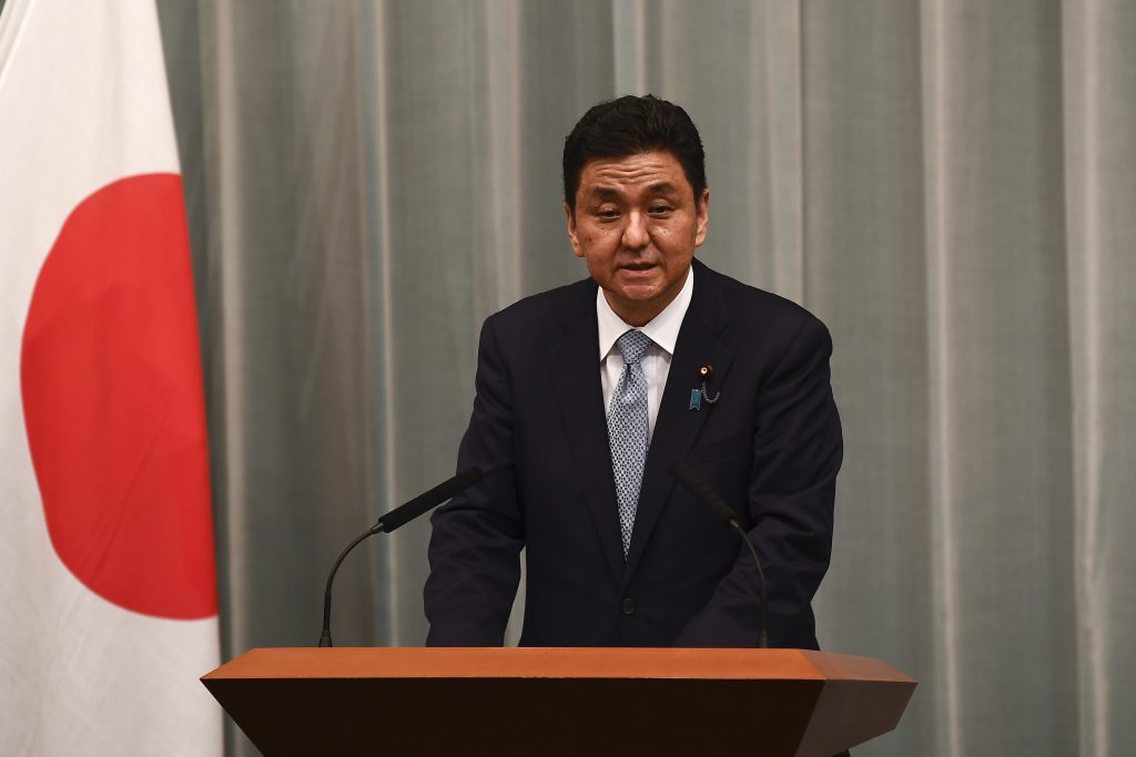 Newly appointed Japan's Defence Minister Nobuo Kishi delivers a speech during a press conference at the Prime Minister's office in Tokyo on Sep. 16, 2020. (AFP)