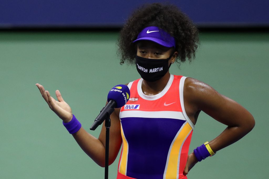  Naomi Osaka of Japan talks in a post match interview wearing a mask with the name of Trayvon Martin printed on it after her Women's Singles fourth round match win against Anett Kontaveit of Estonia on Day Seven of the 2020 US Open at the USTA Billie Jean King National Tennis Center on September 6, 2020 in the Queens borough of New York City. (AFP)