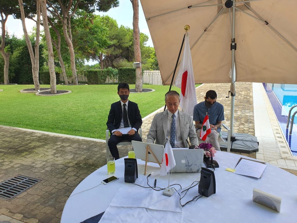 The Japanese Ambassador to Lebanon Takeshi Okubo at the virtual inauguration ceremony for the Japan-supported MAG mine clearance project in Lebanon. (Embassy of Japan in Lebanon)